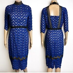JAX Black Label Blue & Black Crochet Lace Midi Dress